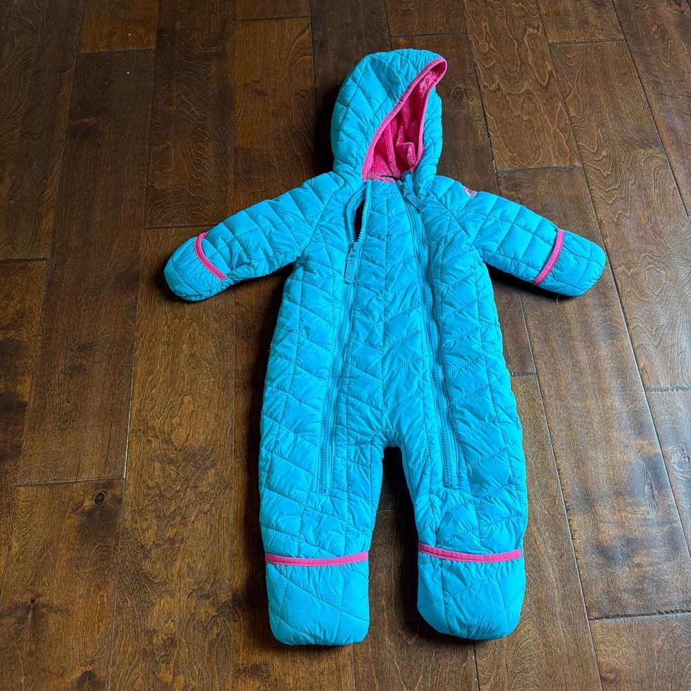 Snozu Infant Girls Blue Pink Quilted Hooded Snowsuit Bunting 3-6 Months Minky